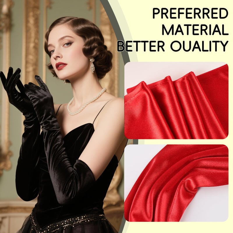 THARAHT Women Long Gloves with Satin Elbow Length for 1920s Opera Tea Party Costumes Bridal Evening Dress,Red - Image 3