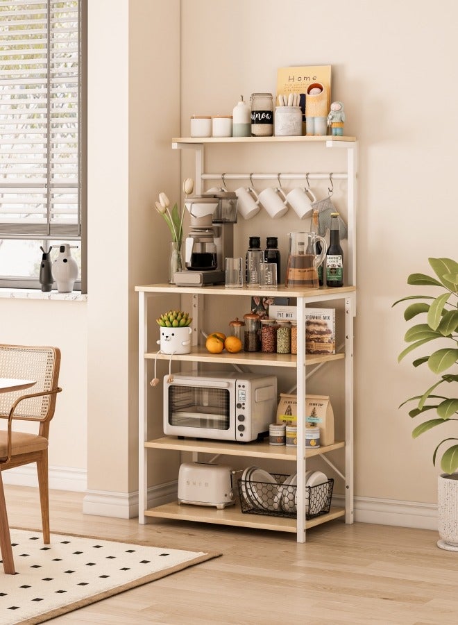 Kitchen Storage Rack, Coffee Corner Table with 4 Tiers, Kitchen Microwave Stand with 5 S-shaped Hooks, Kitchen Storage Shelf for Spices, Coffee Machine and Home Appliances