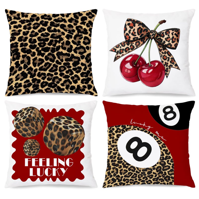 Nipil Trendy Leopard Cheetah Bow Cherry Pillow Covers 18x18 Set of 4, Red Preppy Cheetah Leopard Print Dice Lucky 8 Ball Room Decorative Throw Pillow Covers for Girls Bedroom Dorm Apartment - Image 1