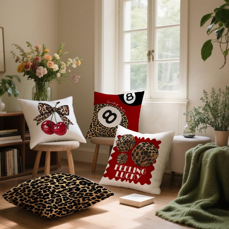 Nipil Trendy Leopard Cheetah Bow Cherry Pillow Covers 18x18 Set of 4, Red Preppy Cheetah Leopard Print Dice Lucky 8 Ball Room Decorative Throw Pillow Covers for Girls Bedroom Dorm Apartment - Image 5