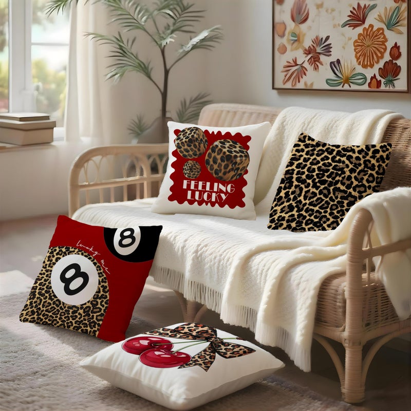 Nipil Trendy Leopard Cheetah Bow Cherry Pillow Covers 18x18 Set of 4, Red Preppy Cheetah Leopard Print Dice Lucky 8 Ball Room Decorative Throw Pillow Covers for Girls Bedroom Dorm Apartment - Image 3