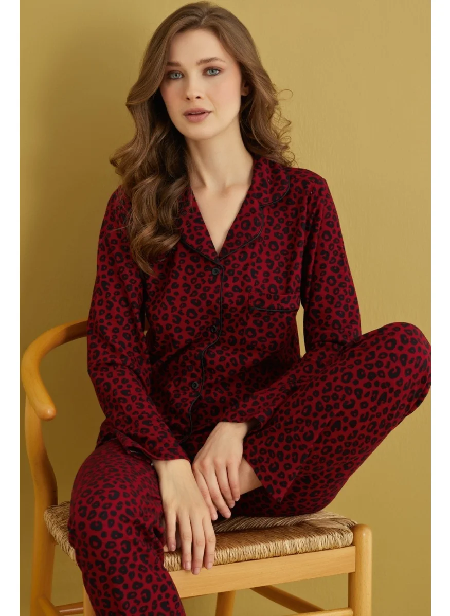Bie'S Women's Shirt Collar Front Button Satin Piping Chest Pocket Suede Winter Long Sleeve Pajama Set