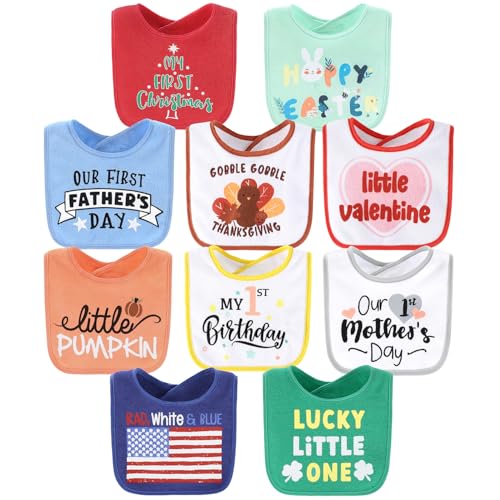 The Peanut Shell The Peanutshell Baby Boy or Girl Terry Bibs Set of 10-100% Cotton, Soft, Absorbent Baby Bibs, Unisex Toddler Boy or Girl Set, Newborn & Infant - Holiday - Image 1