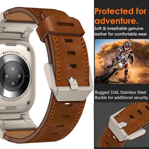 WINGLE Leather Bands for Apple Watch Band Ultra 3/2/1 Band Ultra 49mm Series 11 10 46mm 45mm 44mm 42mm SE 3/2/1 9 8 7 6 5 4 3 2 1 Men, Genuine Leather Rugged Metal Connector iWatch Sport Bands, Brown - Image 3