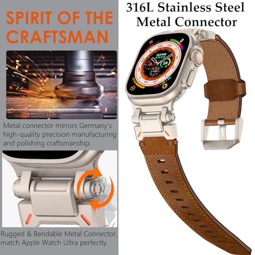 WINGLE Leather Bands for Apple Watch Band Ultra 3/2/1 Band Ultra 49mm Series 11 10 46mm 45mm 44mm 42mm SE 3/2/1 9 8 7 6 5 4 3 2 1 Men, Genuine Leather Rugged Metal Connector iWatch Sport Bands, Brown - Image 4