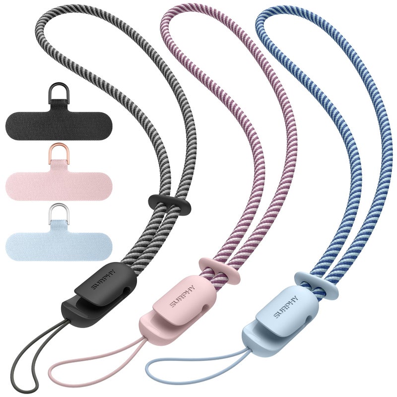 SURPHY 3 Pack Phone Wrist Strap with CellPhone Tether Tab, Cellphone Lanyard, Phone Strap with 2-Color Braided, Wrist Lanyard (Black & Cloud Blue & Pink) - Image 1