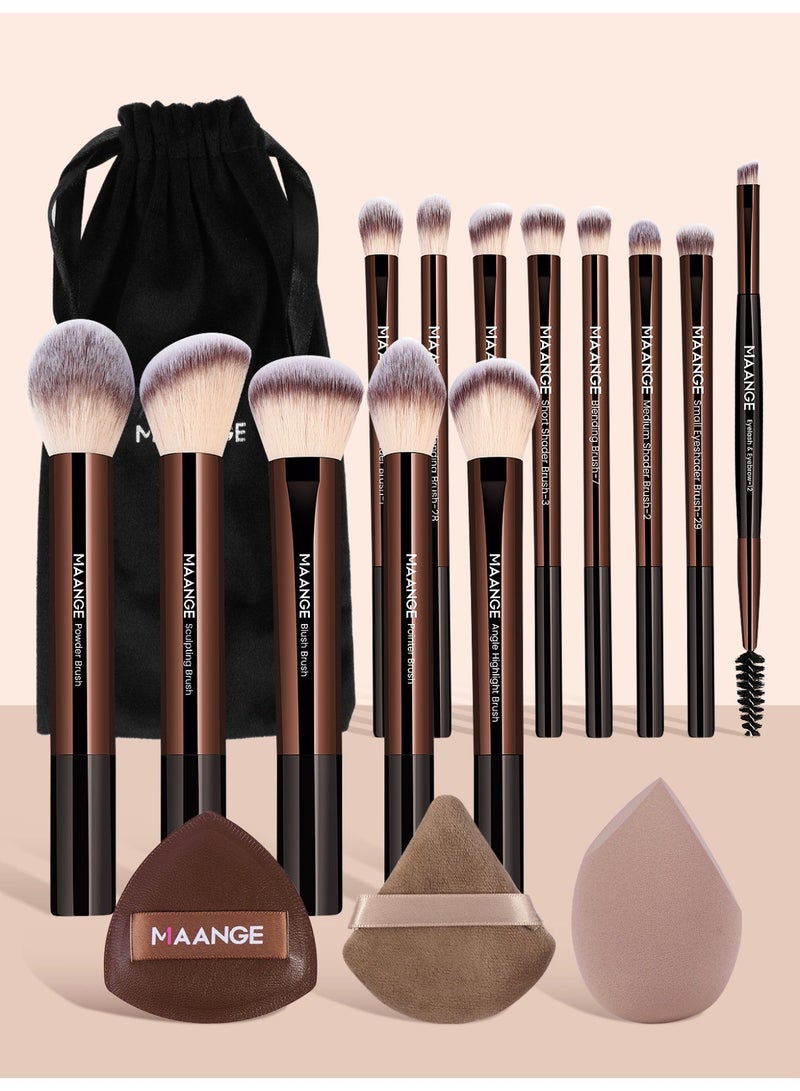 MAANGE 17Pcs Makeup Tool Set, Professional Makeup Brush Sets- Including Blush Brush, Contour Brush, Foundation Brush, Concealer Brush, Eye Shadow Brush, Powder Puff, Makeup Egg and Cloth Bags(Brown) - Image 1
