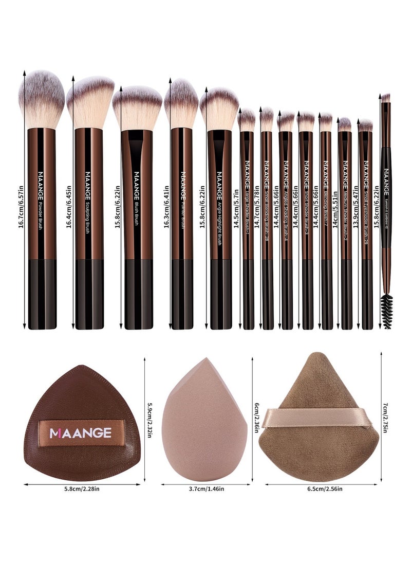 MAANGE 17Pcs Makeup Tool Set, Professional Makeup Brush Sets- Including Blush Brush, Contour Brush, Foundation Brush, Concealer Brush, Eye Shadow Brush, Powder Puff, Makeup Egg and Cloth Bags(Brown) - Image 3