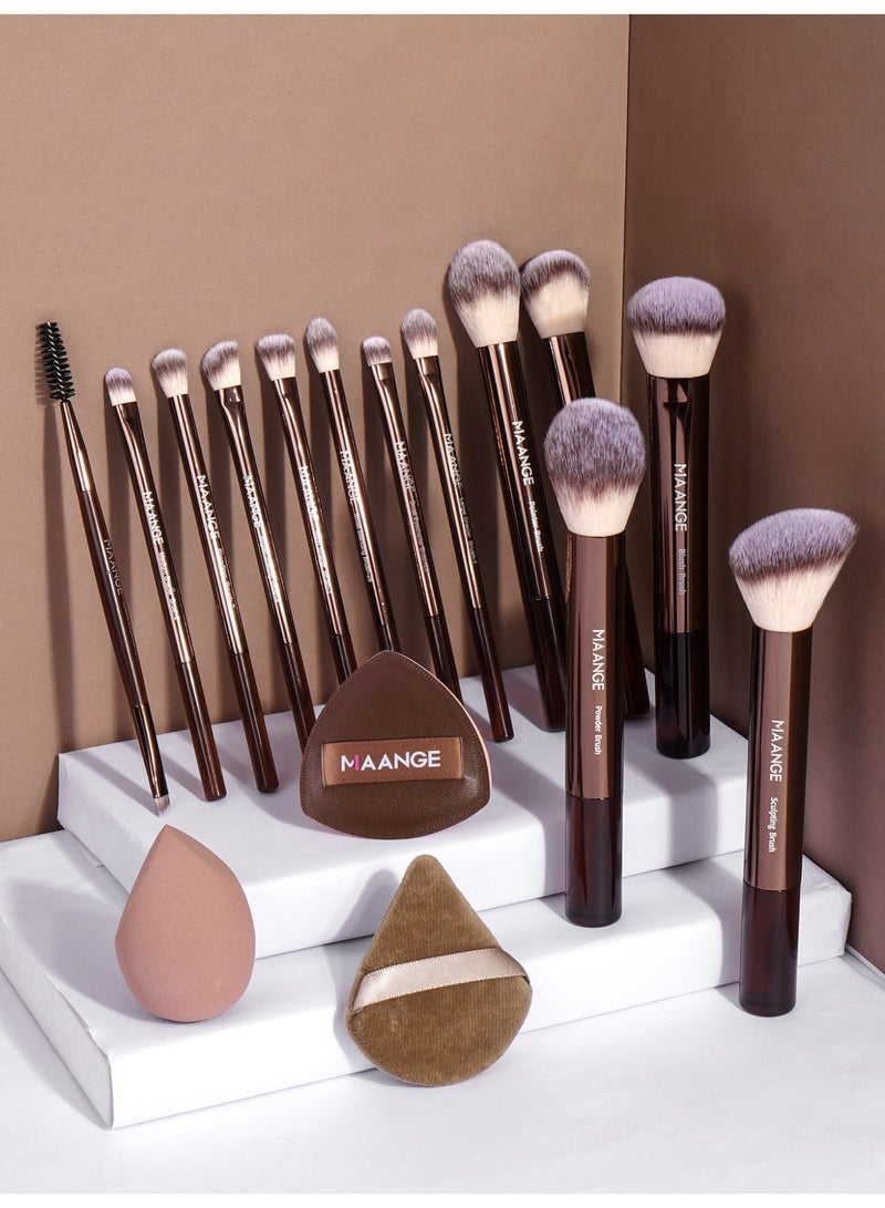 MAANGE 17Pcs Makeup Tool Set, Professional Makeup Brush Sets- Including Blush Brush, Contour Brush, Foundation Brush, Concealer Brush, Eye Shadow Brush, Powder Puff, Makeup Egg and Cloth Bags(Brown) - Image 2