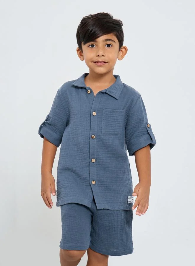Styli Styli Double Gauze Plain Shirt and Shorts Set