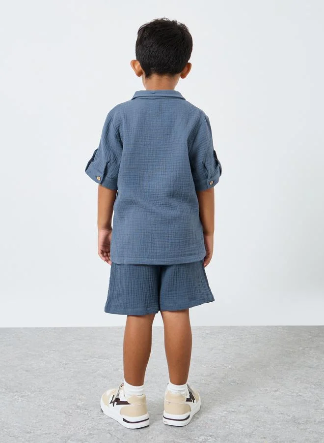 Styli Double Gauze Plain Shirt and Shorts Set