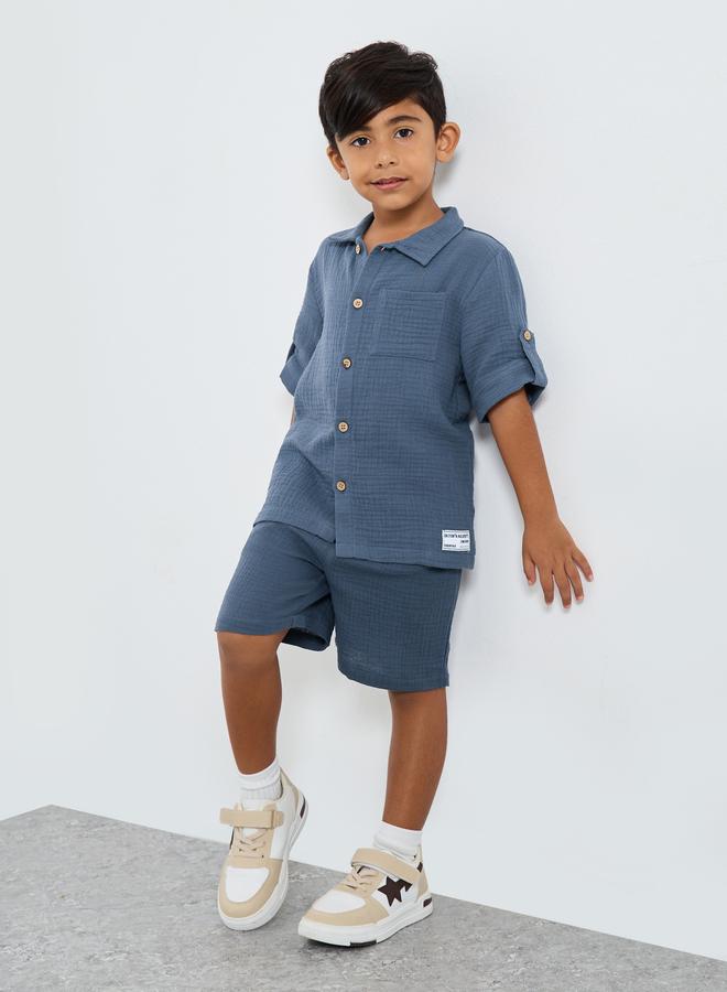 Styli Double Gauze Plain Shirt and Shorts Set - Image 1