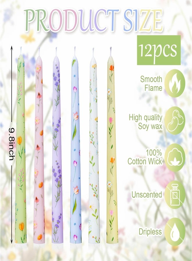 Conelist 12 Pcs 9.8" Floral Long Taper Candles Pastel Flower Candlesticks Tall Smokeless Unscented Decorative Tapered Candles Gifts for Christmas Wedding Home Dinner Party Decorations - Image 2