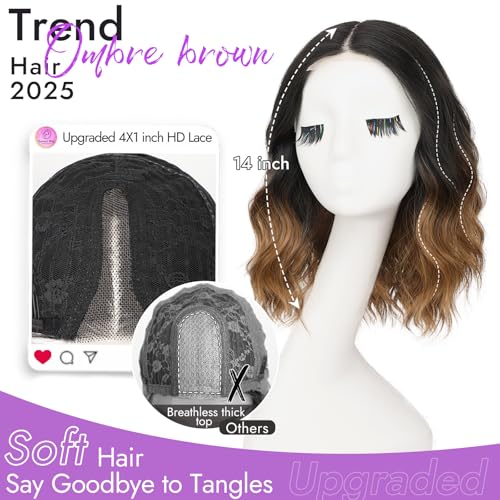 Eawwii Ombre Brown Short Wavy Wig for Women Lace Hairline Bob Style Synthetic Heat Resistant - Natural Appearance for Everyday Hairstyle 14 Inch - Image 2