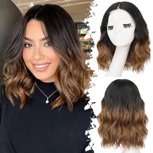 Eawwii Ombre Brown Short Wavy Wig for Women Lace Hairline Bob Style Synthetic Heat Resistant - Natural Appearance for Everyday Hairstyle 14 Inch - Image 1