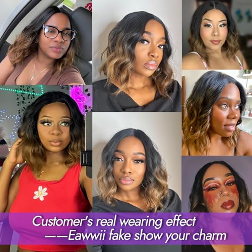 Eawwii Ombre Brown Short Wavy Wig for Women Lace Hairline Bob Style Synthetic Heat Resistant - Natural Appearance for Everyday Hairstyle 14 Inch - Image 4