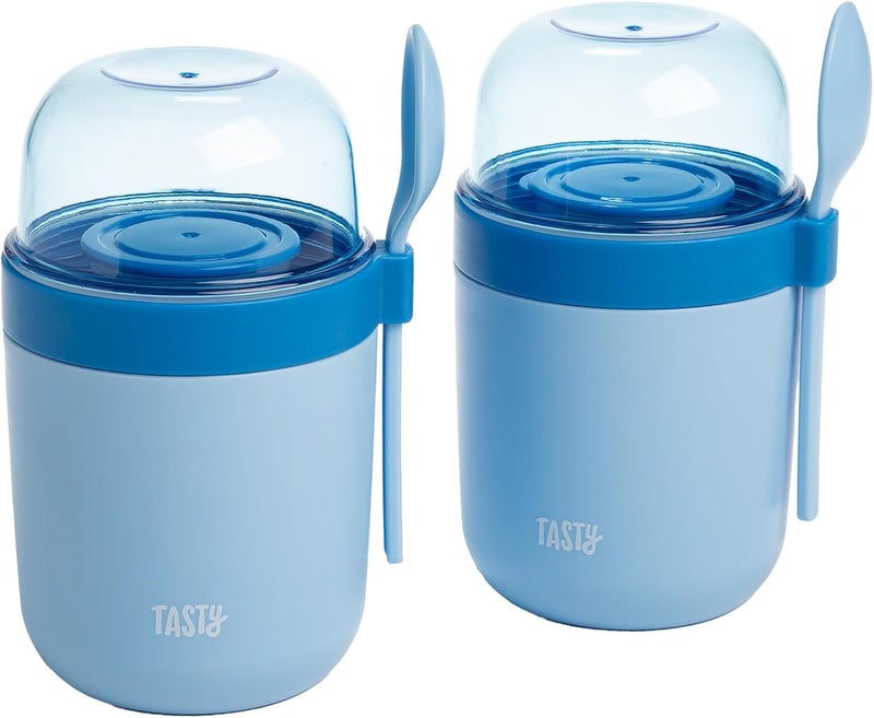 Tasty أكواب وجبات خفيفة للسفر مع ملاعق، وجبات خفيفة أثناء التنقل، أقسام مقسمة، رائعة للمكسرات، الحبوب، الجرانولا، الزبادي والمزيد، مصنوعة بدون BPA، عبوة من 2، زرقاء - Image 1