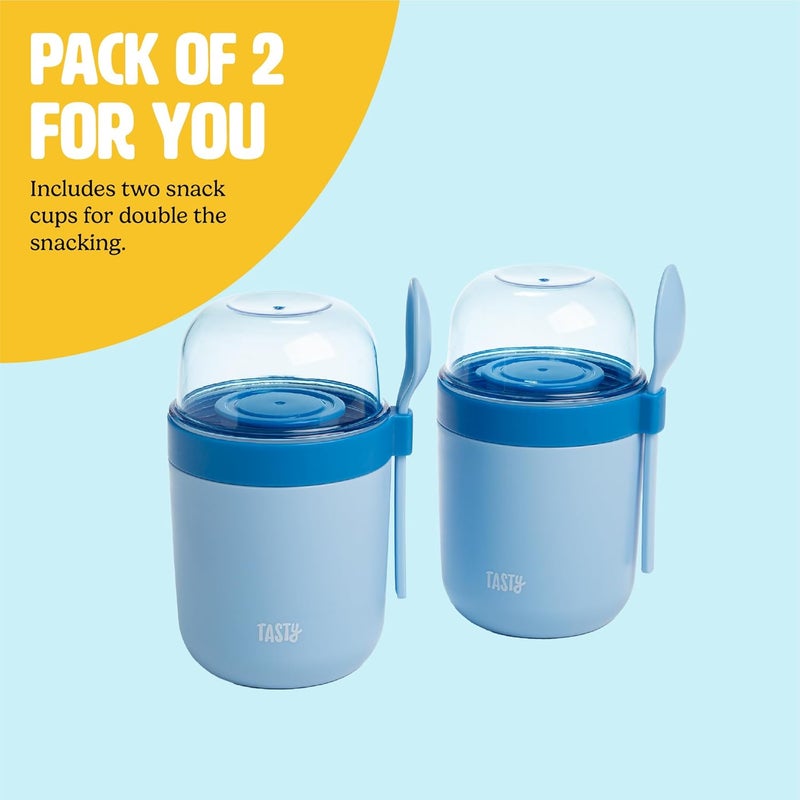 Tasty أكواب وجبات خفيفة للسفر مع ملاعق، وجبات خفيفة أثناء التنقل، أقسام مقسمة، رائعة للمكسرات، الحبوب، الجرانولا، الزبادي والمزيد، مصنوعة بدون BPA، عبوة من 2، زرقاء - Image 4