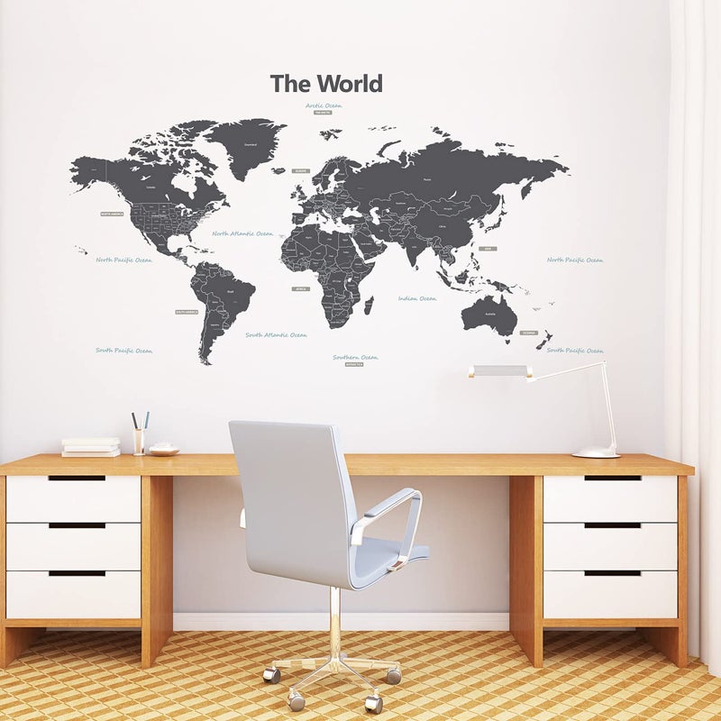 DECOWALL DLT-1609GF Modern Flag Grey World Map Kids Wall Stickers Wall Decals Peel and Stick Removable Wall Stickers for Kids Nursery Bedroom Living Room (XLarge) d?cor, Flag Grey(xlarge) - Image 2
