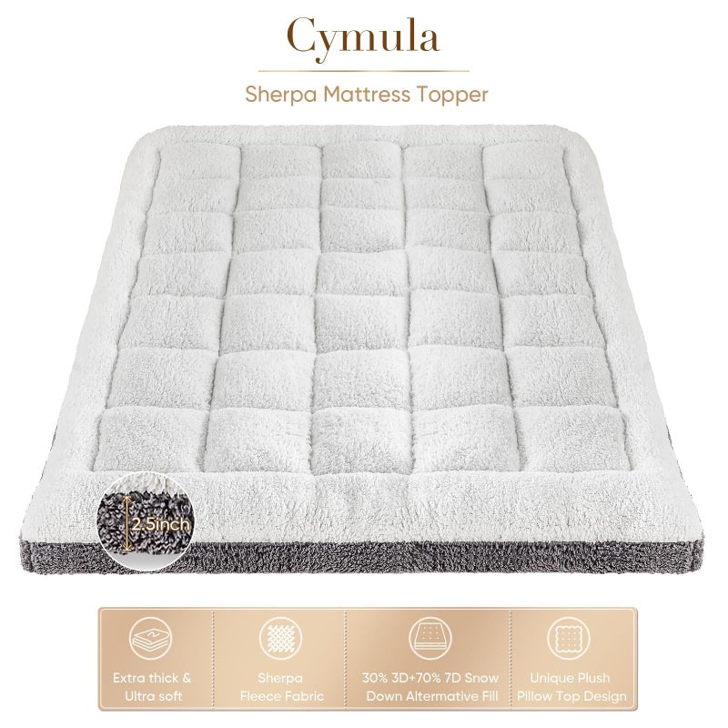 Cymula Twin XL Mattress Topper, Sherpa Thick Mattress Pad for Dorm Bed Warm Plush Pillow Top Mattress Cover for Back Pain with 900GSM Down Alternative Soft Winter Mattress Protector Cover, White - Image 4