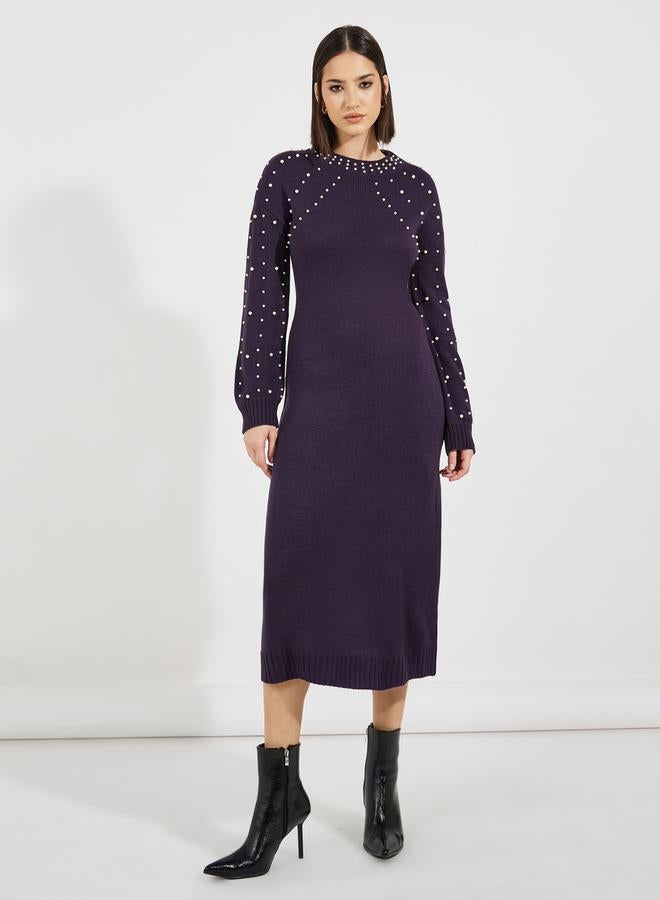 ستايلي فستان ميدي محبوك مزين بلؤلؤ صناعي - Image 1