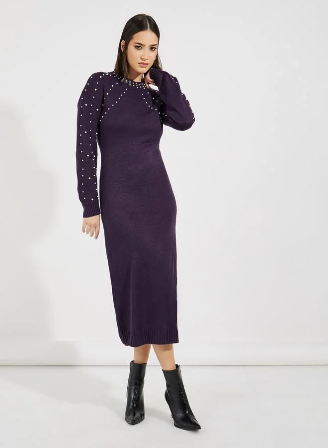 Styli Faux Pearl Studded Knit Sweater Midi Dress