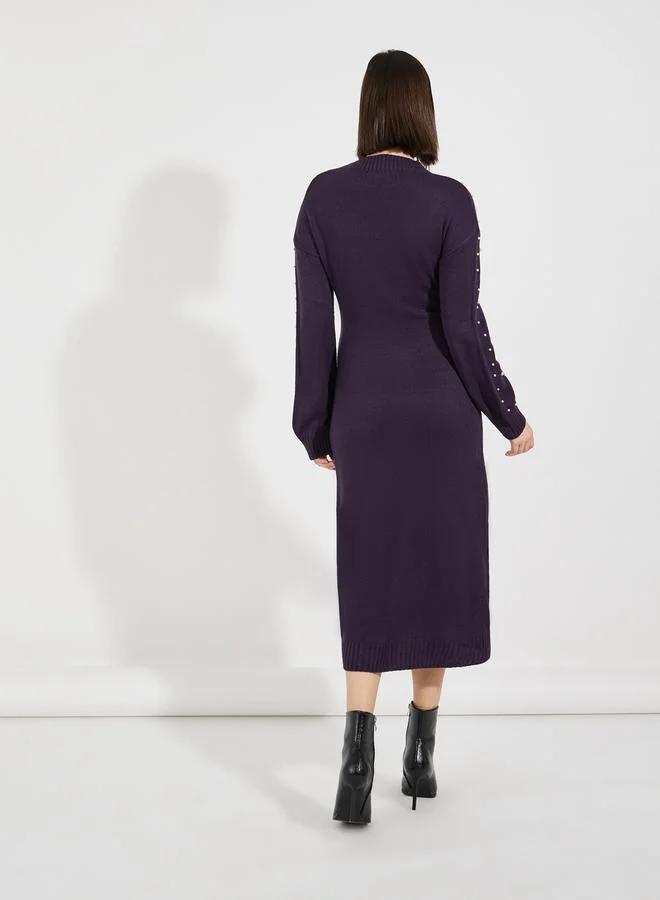 Styli Faux Pearl Studded Knit Sweater Midi Dress