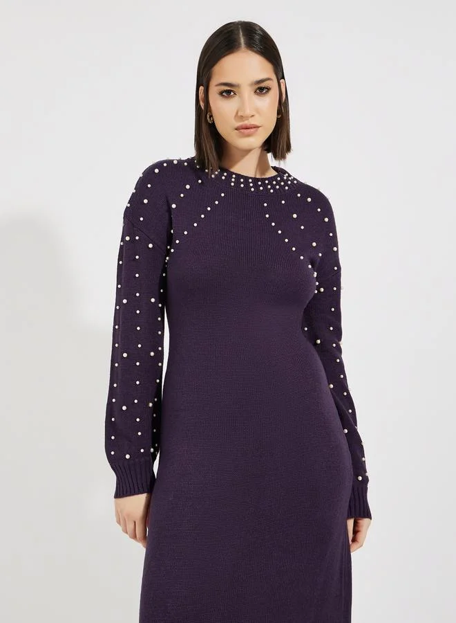 Styli Faux Pearl Studded Knit Sweater Midi Dress