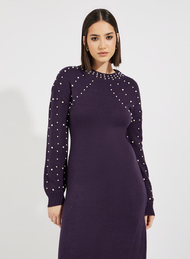 ستايلي فستان ميدي محبوك مزين بلؤلؤ صناعي - Image 5