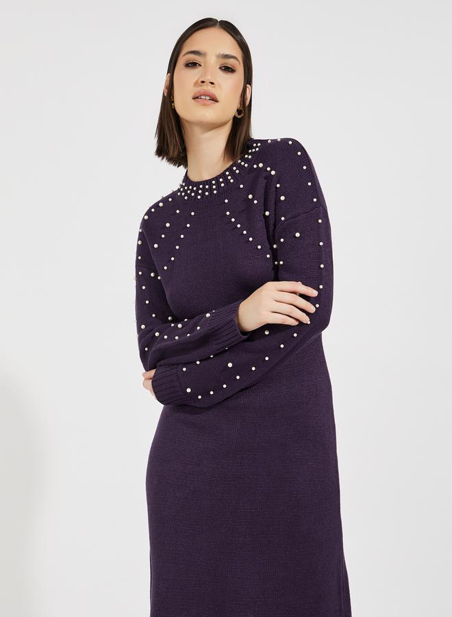 ستايلي فستان ميدي محبوك مزين بلؤلؤ صناعي - Image 2