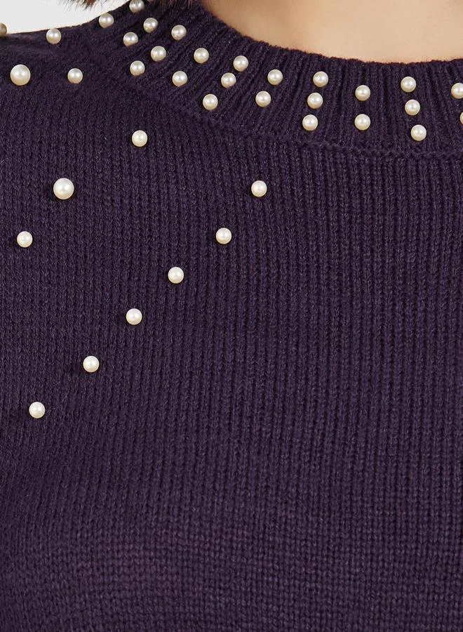 Styli Faux Pearl Studded Knit Sweater Midi Dress