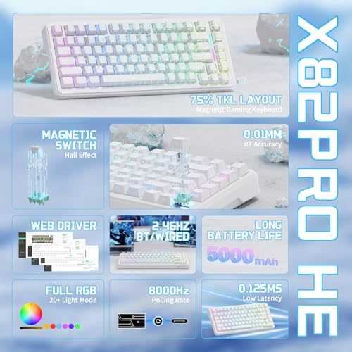MAMBASNAKE ATTACK SHARK X82PRO HE 75% Wireless Rapid Trigger Gaming Keyboard, Hall Effect Magnetic Switch Keyboard with 0.01mm RT Adjustable Actuation, 8Khz Polling Rate, Hot-Swap, RGB, for PC Gamer (White) - Image 2