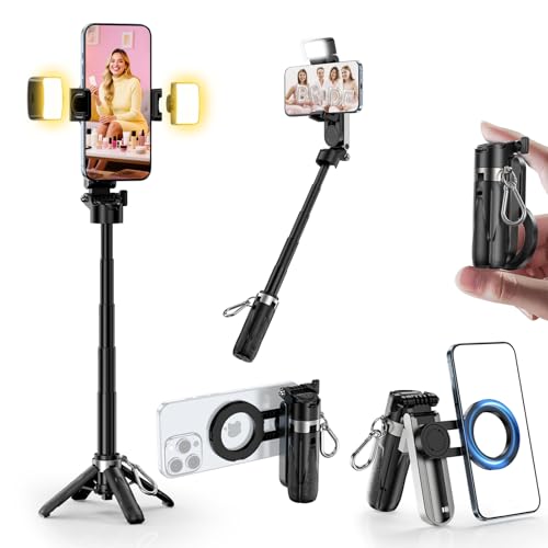 CloudValley Upgraded Magnetic Mini Selfie Stick Tripod with 2 Fill Lights 4in1 Pocket Size Phone Tripod with 360 Rotation Rechargeable Bluetooth Remote Foldable Grip for iPhone Vlog Photo Video - Image 1