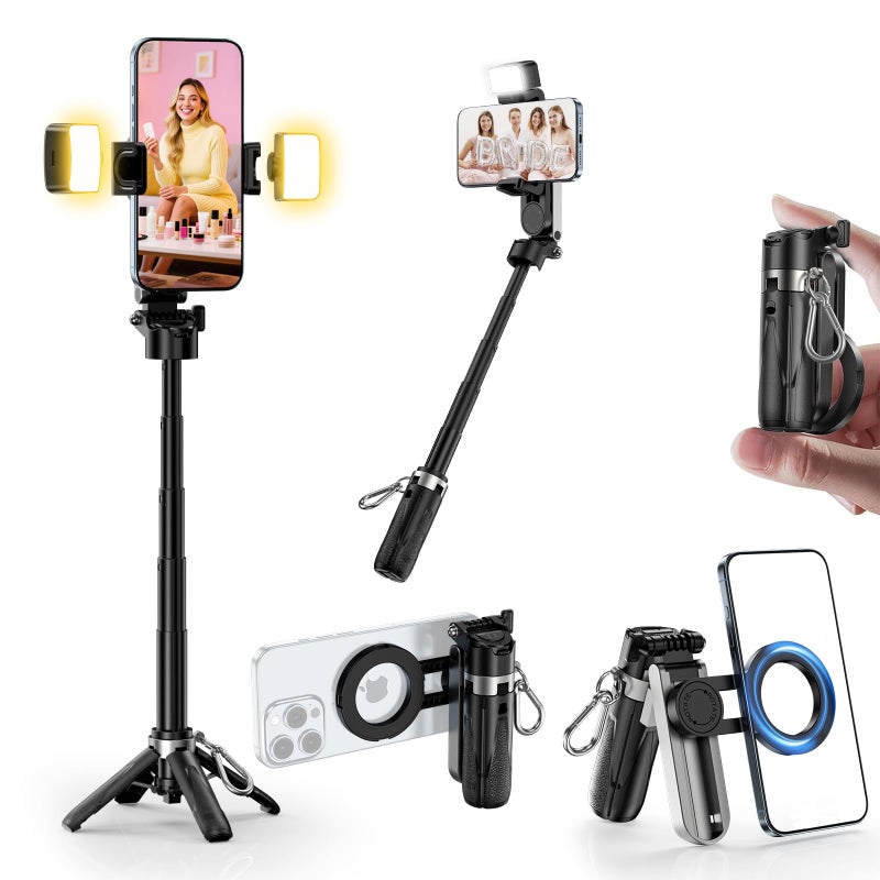 CloudValley Upgraded Magnetic Mini Selfie Stick Tripod with 2 Fill Lights 4in1 Pocket Size Phone Tripod with 360 Rotation Rechargeable Bluetooth Remote Foldable Grip for iPhone Vlog Photo Video - Image 2
