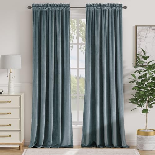 Lazzzy Velvet Curtains Blue Blackout Curtains Thermal Insulated Drapes for Bedroom Living Room Darkening 96 Inches Extra Long Window Treatments Super Soft Luxury Rod Pocket 2 Panels Aegean Blue - Image 1