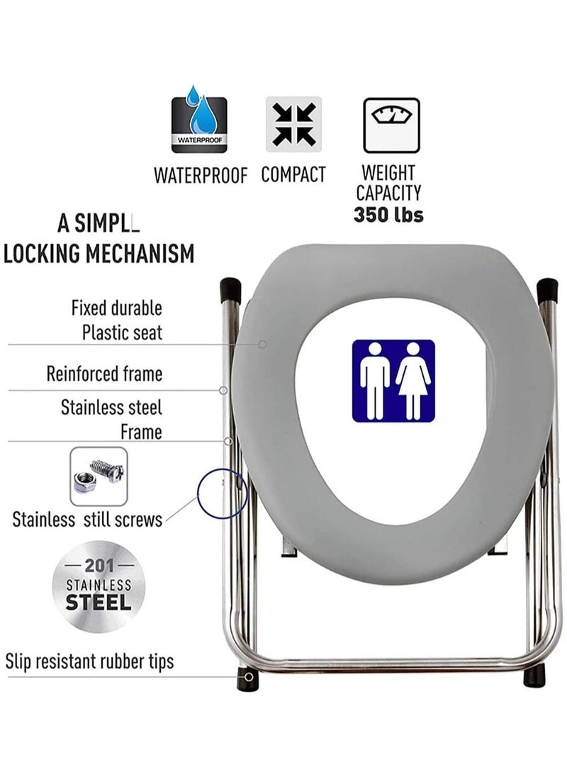 Generic - Portable Outdoor Folding Commode Toilet Seat,Stainless Steel Portable Potty Commode Chair,Perfect for Camping,Traveling,Hiking,Fishing,Outdoor Living,Grey - Image 1