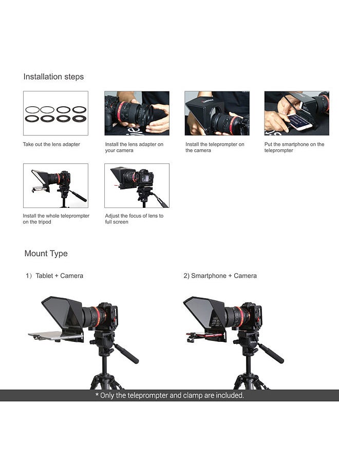 Generic - Smartphone/Tablet/DSLR Camera Teleprompter Prompter with Remote Control Lens Adapters Cleaning Cloth Supports Wide Angle Lens for Stage Speech Live Streaming Online Video Vlog - Image 1