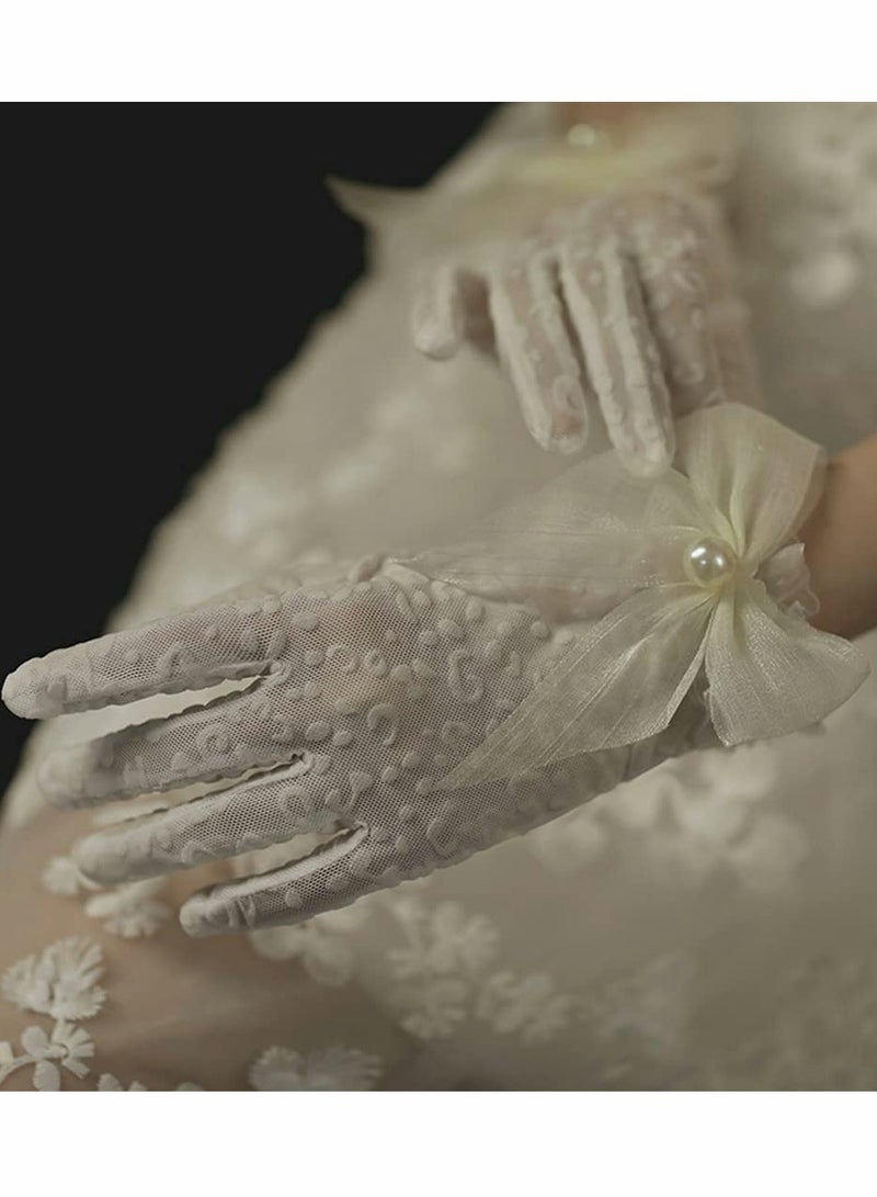 SYOSI Lace Gloves, White Pearl Bow Knot Dress Accessories Full Finger Gloves for Wedding Banquet Prom Bride Ladies Girls (White) - Image 3