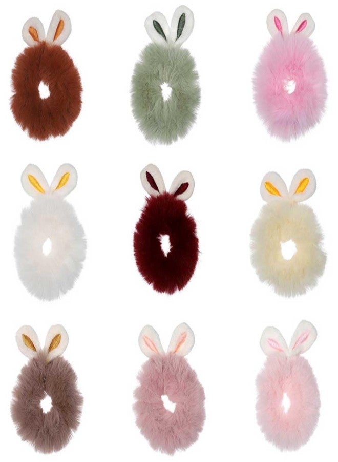 Teensery 9 Pcs Bunny Ear Hair Scrunchies Furry Rabbit Ear Hair Bands Elastic Hair Ties Plush Hair Ropes Ponytail Holder Hair Accessories for Women and Girls, Random Color - Image 1