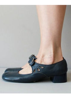 Loquat Women Round Toe Mary Janes Shoes Buckled Low Chunky Heels Work Pumps Blackish Blue  - Image 2