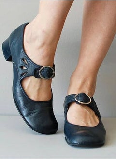Loquat Women Round Toe Mary Janes Shoes Buckled Low Chunky Heels Work Pumps Blackish Blue  - Image 1