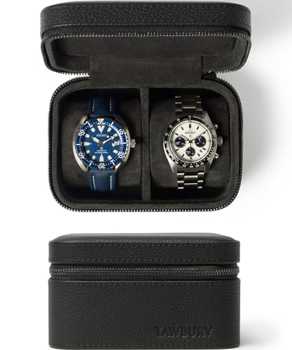 TAWBURY Watch Case 2 Slot Watch Box for Men Women with Genuine TopGrain Leather Exterior Metal Zipper and Extra Wide Pillows for Large Watches Black - Image 1