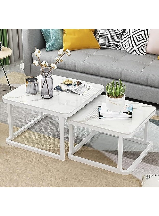 Hometaste Marble Elegance Nesting Coffee Tables - Set Of 2 | Modern Living Room Table Set | Space-Saving End Table Furniture For Small Spaces Bedroom Balcony White White Frame