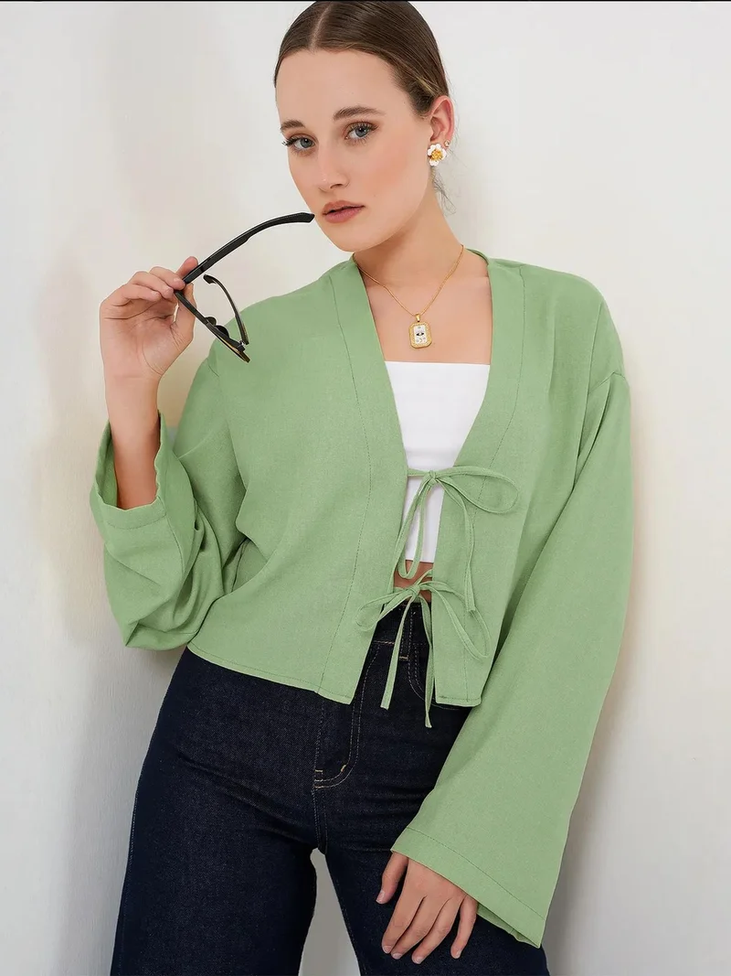 بيغ دارت بلوزة كيمونو نسائية بأكمام طويلة وياقة على شكل  من مزيج الفيسكوز مع تفاصيل ربط