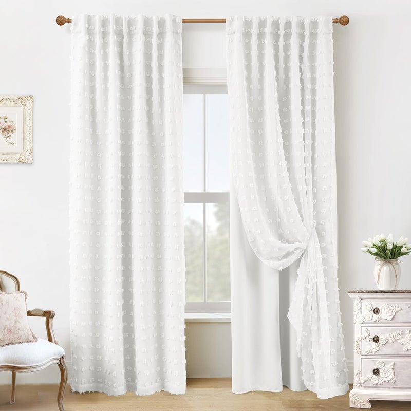Lino Rosa White Blackout Pleated Ruffle Curtains for Bedroom with Design,Room Darkening Pom Pom Textured Ruffled Farmhouse Boho French Country Decorative Curtains for Living Room 84 Inches Long - Image 1