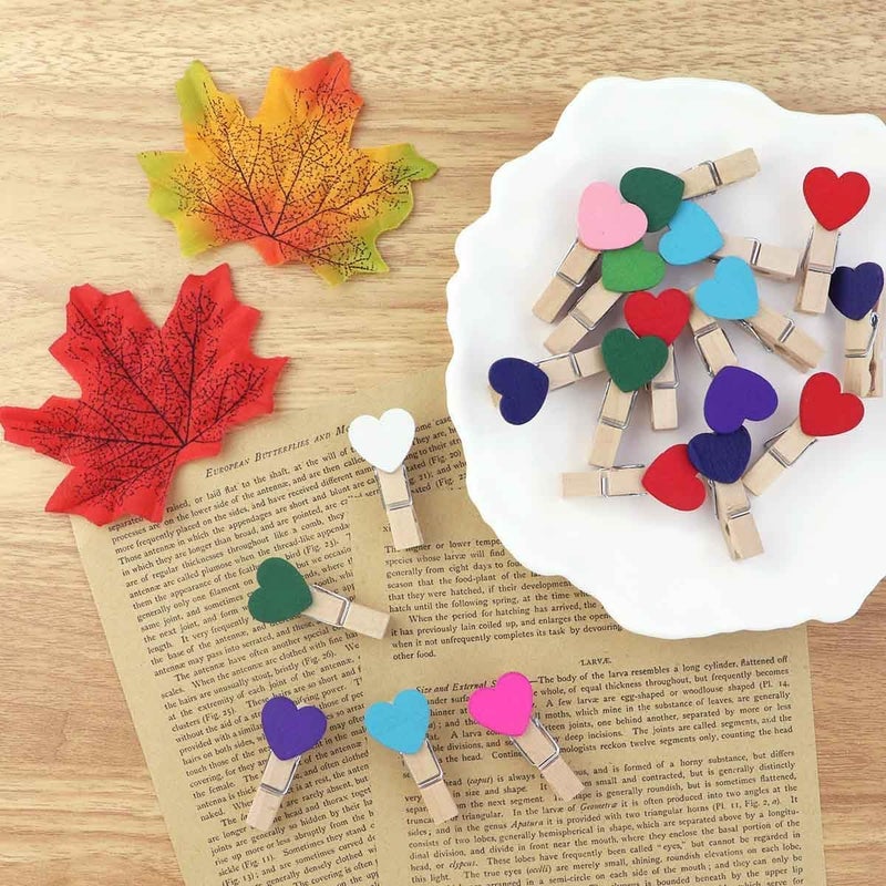 Prescent Small Mini Wooden Clips 20pc for Pictures, Gift Packaging, Art and Craft, DIY, Decoration and Much More (20 Multicolor Heart Clip with Jute) - Image 2
