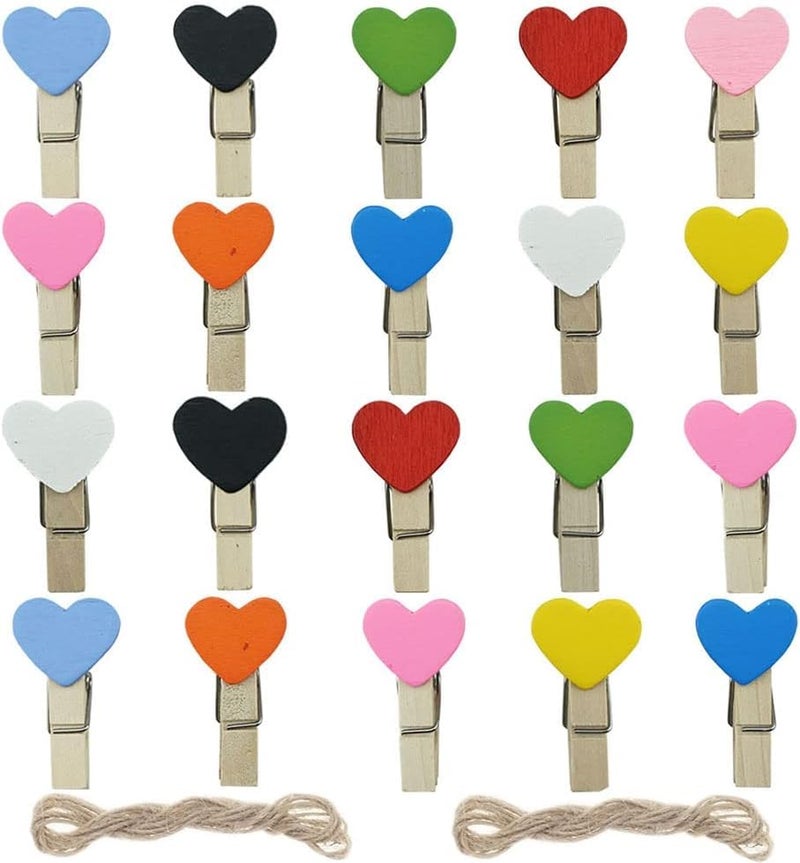 Prescent Small Mini Wooden Clips 20pc for Pictures, Gift Packaging, Art and Craft, DIY, Decoration and Much More (20 Multicolor Heart Clip with Jute) - Image 1