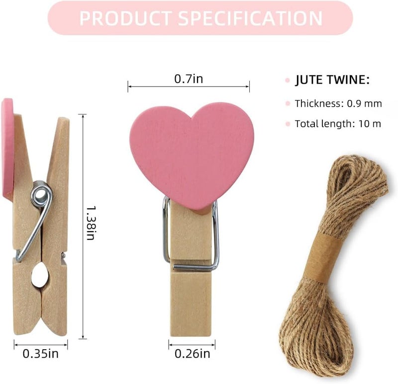 Prescent Small Mini Wooden Clips 20pc for Pictures, Gift Packaging, Art and Craft, DIY, Decoration and Much More (20 Multicolor Heart Clip with Jute) - Image 3