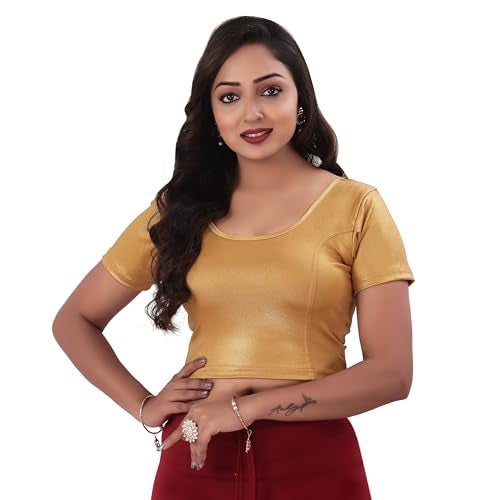 DESI GIRL - Stretchy Blouse for Women | Round Neck Regular Fit | Half Sleeve Readymade Shimmer Plain Design Festive Blouse Perfect for Saree, Lehenga, Kurti | Copper Gold - 32 - Image 1