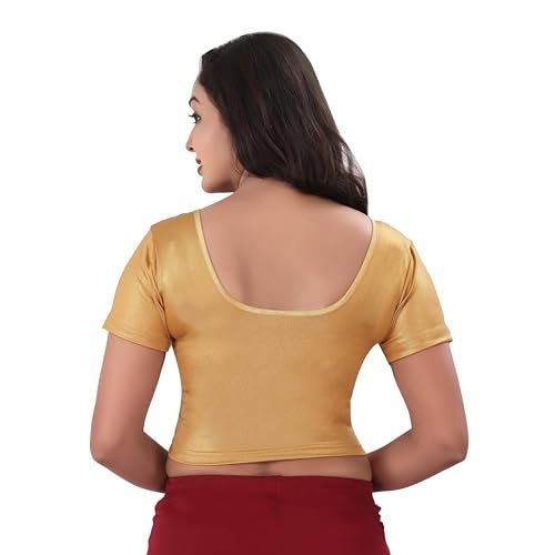 DESI GIRL - Stretchy Blouse for Women | Round Neck Regular Fit | Half Sleeve Readymade Shimmer Plain Design Festive Blouse Perfect for Saree, Lehenga, Kurti | Copper Gold - 32 - Image 3